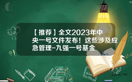 【推荐】全文2023年中央一号文件发布！这些涉及应急管理-九强一号基金