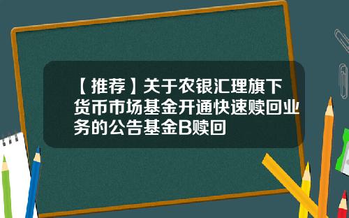 【推荐】关于农银汇理旗下货币市场基金开通快速赎回业务的公告基金B赎回