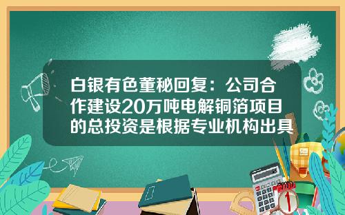 白银有色董秘回复：公司合作建设20万吨电解铜箔项目的总投资是根据专业机构出具的项目建议书初步测算的金额-白银有色金属公司铜精矿收购方法